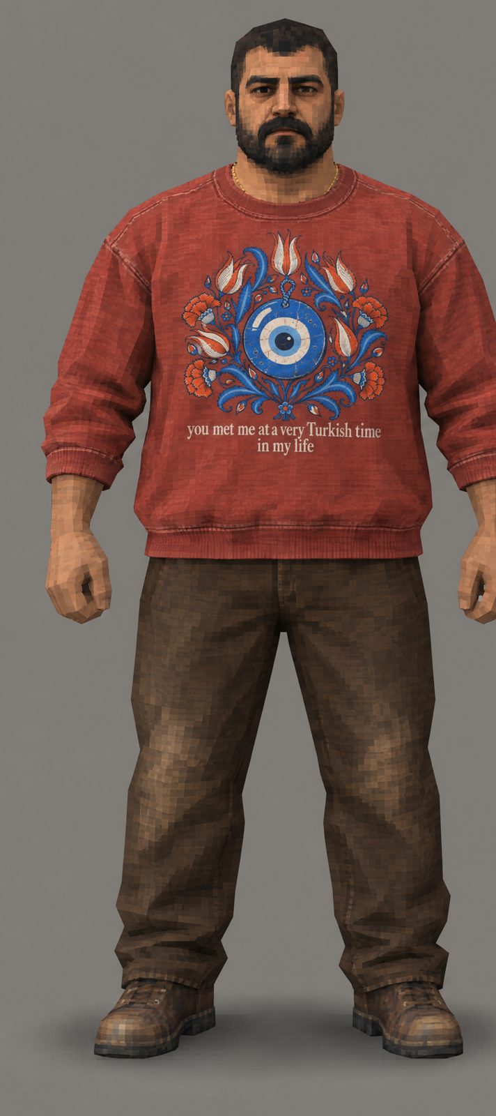 The host, a bearded Turkish man in the red crewneck
