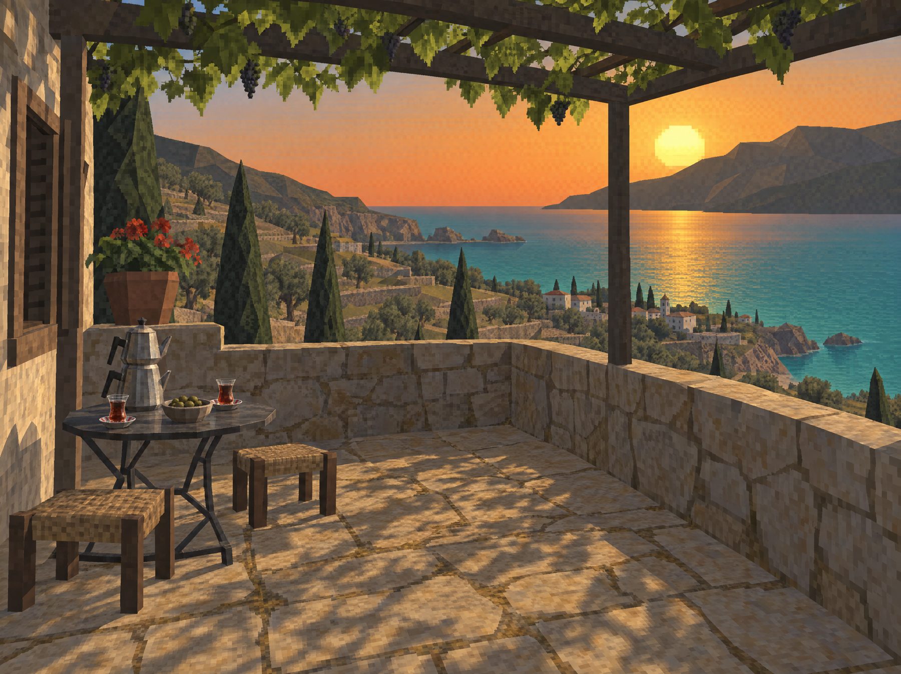 Stone terrace above the sea at sunset