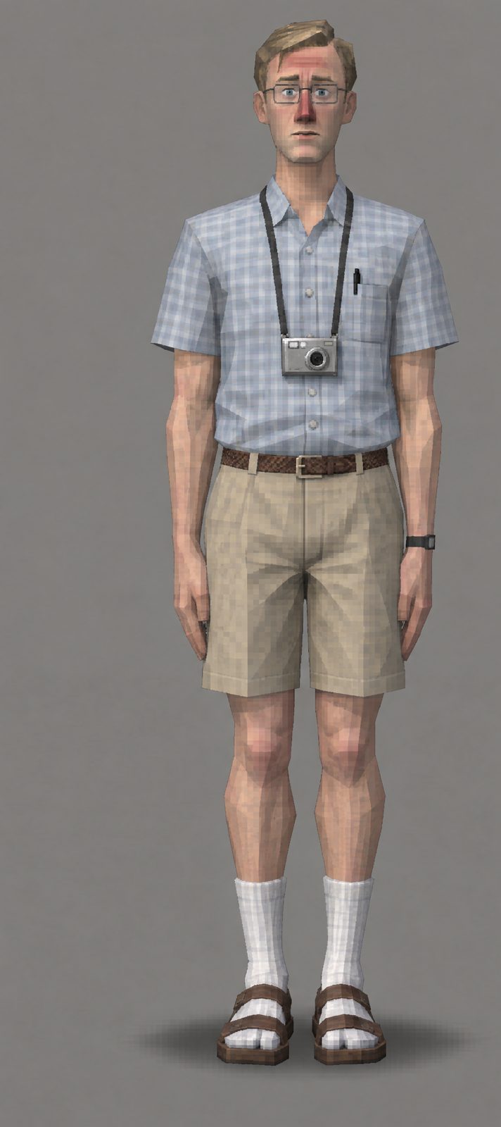The visitor, a German tourist in socks and sandals with a camera